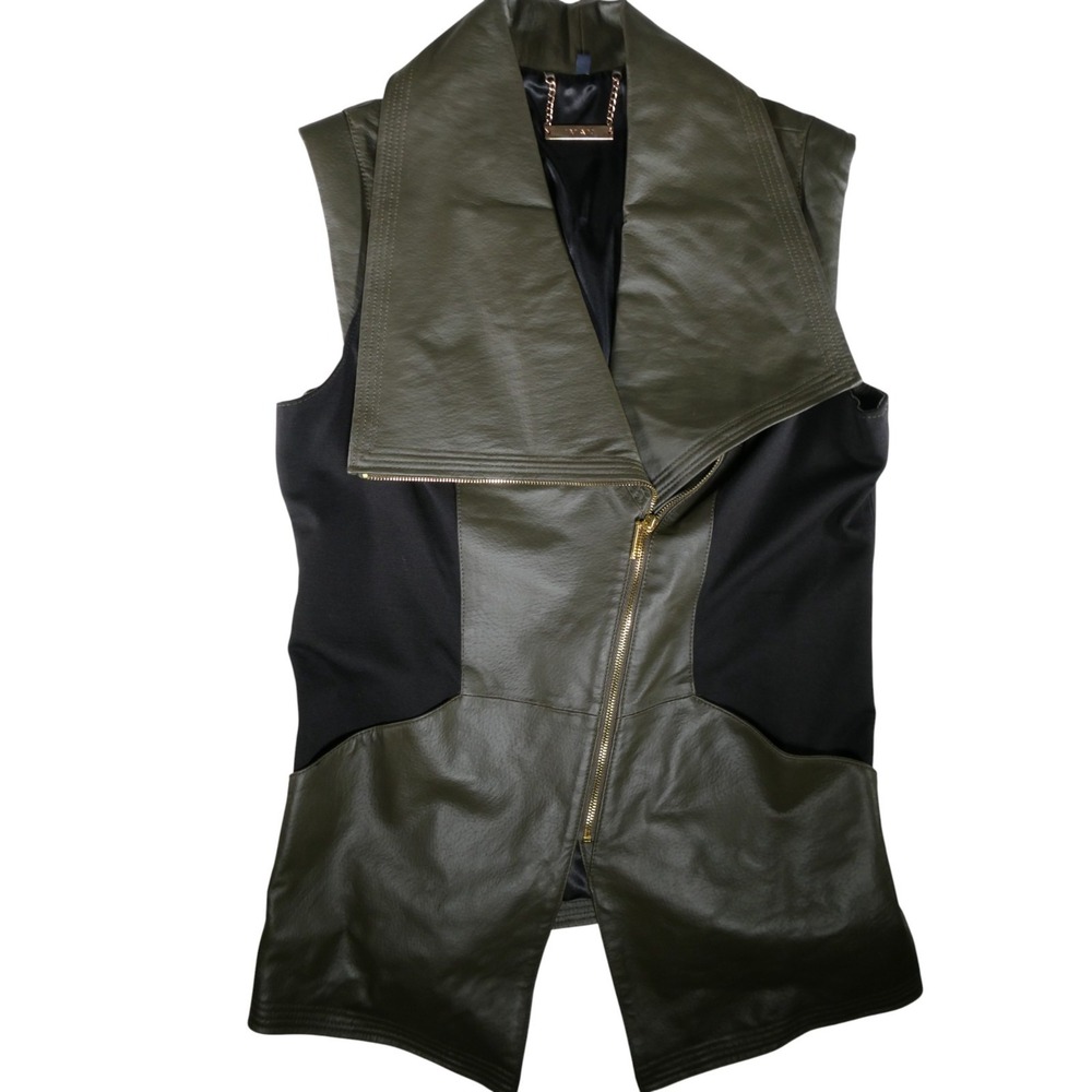 IMAN Women's Green Black Leather Vest Jacket Size M Style 129297 Chic Sleeveless - Picture 3 of 10